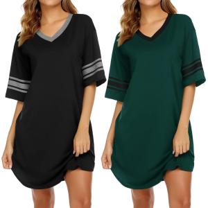 Ekouaer Nightgowns for Women 2 Pack Sleepshirts Short Sleeve Nightshirt V Neck Sleepwear Casual Pajama Dress(Black/Dark Green)