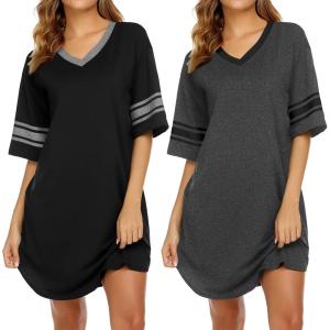 Ekouaer Nightgowns for Women 2 Pack Sleepshirts Short Sleeve Nightshirt V Neck Sleepwear Casual Pajama Dress(Black/Dark Grey)