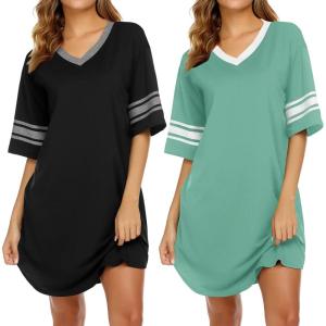 Ekouaer Nightgowns for Women 2 Pack Sleepshirts Short Sleeve Nightshirt V Neck Sleepwear Casual Pajama Dress(Black/Grey Green)