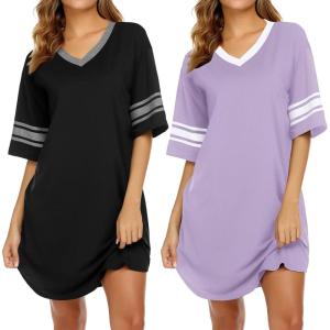 Ekouaer Nightgowns for Women 2 Pack Sleepshirts Short Sleeve Nightshirt V Neck Sleepwear Casual Pajama Dress(Black/Lilac)