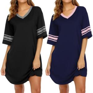 Ekouaer Nightgowns for Women 2 Pack Sleepshirts Short Sleeve Nightshirt V Neck Sleepwear Casual Pajama Dress(Black/Navy Blue)