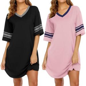 Ekouaer Nightgowns for Women 2 Pack Sleepshirts Short Sleeve Nightshirt V Neck Sleepwear Casual Pajama Dress(Black/Pink)