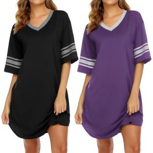 Ekouaer Nightgowns for Women 2 Pack Sleepshirts Short Sleeve Nightshirt V Neck Sleepwear Casual Pajama Dress(Black/Purple)