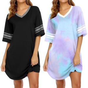Ekouaer Nightgowns for Women 2 Pack Sleepshirts Short Sleeve Nightshirt V Neck Sleepwear Casual Pajama Dress(Black/Tie Dye)