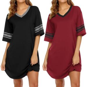 Ekouaer Nightgowns for Women 2 Pack Sleepshirts Short Sleeve Nightshirt V Neck Sleepwear Casual Pajama Dress(Black/Wine Red)