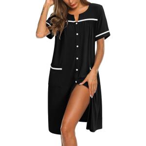Ekouaer Nightgowns for Women House Dress with Pockets Button Down Sleepshirt Short Sleeve Nightshirt Housecoat S-XXXL(Black)