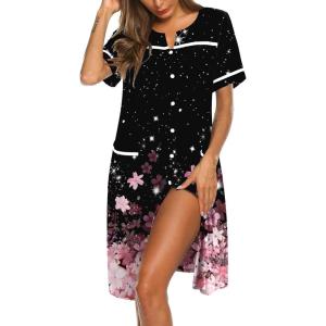 Ekouaer Nightgowns for Women House Dress with Pockets Button Down Sleepshirt Short Sleeve Nightshirt Housecoat S-XXXL(Black Sakura)