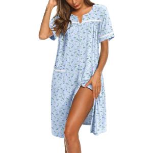 Ekouaer Nightgowns for Women House Dress with Pockets Button Down Sleepshirt Short Sleeve Nightshirt Housecoat S-XXXL(Blue Floral)