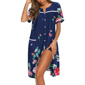 Ekouaer Nightgowns for Women House Dress with Pockets Button Down Sleepshirt Short Sleeve Nightshirt Housecoat S-XXXL(Navy Flower)