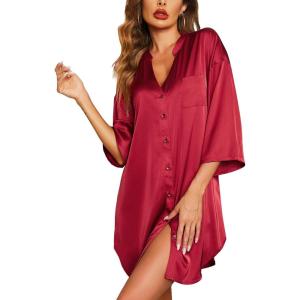 Ekouaer Satin Nightgowns for Women Silk Sleepwear Button Down Sleepshirt 3/4 Sleeve V-Neck Nightshirts with Pockets(01 Wine Red)