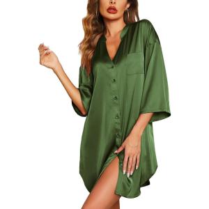 Ekouaer Satin Nightgowns for Women Silk Sleepwear Button Down Sleepshirt 3/4 Sleeve V-Neck Nightshirts with Pockets(Army Green)