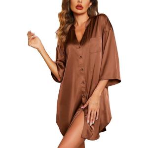 Ekouaer Satin Nightgowns for Women Silk Sleepwear Button Down Sleepshirt 3/4 Sleeve V-Neck Nightshirts with Pockets(Brown)