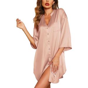 Ekouaer Satin Nightgowns for Women Silk Sleepwear Button Down Sleepshirt 3/4 Sleeve V-Neck Nightshirts with Pockets(Dark Pink)