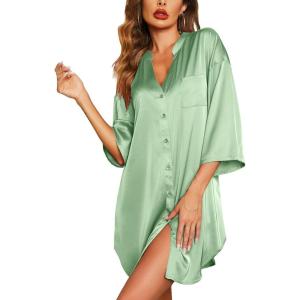 Ekouaer Satin Nightgowns for Women Silk Sleepwear Button Down Sleepshirt 3/4 Sleeve V-Neck Nightshirts with Pockets(Light Green)