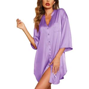 Ekouaer Satin Nightgowns for Women Silk Sleepwear Button Down Sleepshirt 3/4 Sleeve V-Neck Nightshirts with Pockets(Light Purple)
