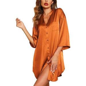Ekouaer Satin Nightgowns for Women Silk Sleepwear Button Down Sleepshirt 3/4 Sleeve V-Neck Nightshirts with Pockets(Orange)