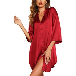 Ekouaer Satin Nightgowns for Women Silk Sleepwear Button Down Sleepshirt 3/4 Sleeve V-Neck Nightshirts with Pockets(Red)