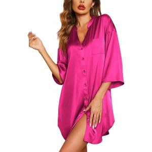 Ekouaer Satin Nightgowns for Women Silk Sleepwear Button Down Sleepshirt 3/4 Sleeve V-Neck Nightshirts with Pockets(Rose Red)