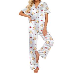 Ekouaer Silk Pajamas for Womens Set 2 Piece Satin Pjs Soft Button Down Sleepwear Wide Leg Long Pants with Pockets(Blue Striped Teddy)