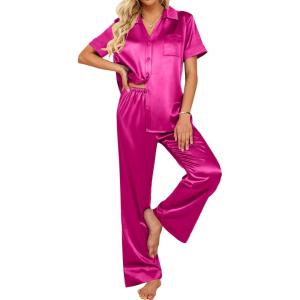 Ekouaer Silk Pajamas for Womens Set 2 Piece Satin Pjs Soft Button Down Sleepwear Wide Leg Long Pants with Pockets(Hot Pink)
