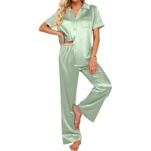 Ekouaer Silk Pajamas for Womens Set 2 Piece Satin Pjs Soft Button Down Sleepwear Wide Leg Long Pants with Pockets(Light Green)