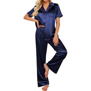 Ekouaer Silk Pajamas for Womens Set 2 Piece Satin Pjs Soft Button Down Sleepwear Wide Leg Long Pants with Pockets(Navy Blue)