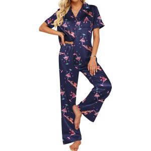 Ekouaer Silk Pajamas for Womens Set 2 Piece Satin Pjs Soft Button Down Sleepwear Wide Leg Long Pants with Pockets(Navy-pink Wine Glass)