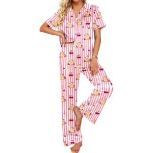 Ekouaer Silk Pajamas for Womens Set 2 Piece Satin Pjs Soft Button Down Sleepwear Wide Leg Long Pants with Pockets(Pink Striped Teddy)