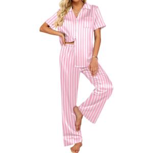 Ekouaer Silk Pajamas for Womens Set 2 Piece Satin Pjs Soft Button Down Sleepwear Wide Leg Long Pants with Pockets(Pink White Stripe)
