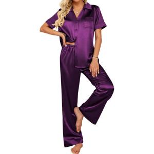 Ekouaer Silk Pajamas for Womens Set 2 Piece Satin Pjs Soft Button Down Sleepwear Wide Leg Long Pants with Pockets(Purple)