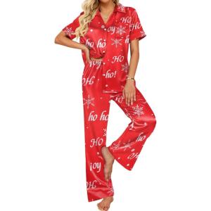Ekouaer Silk Pajamas for Womens Set 2 Piece Satin Pjs Soft Button Down Sleepwear Wide Leg Long Pants with Pockets(Red-christmas)
