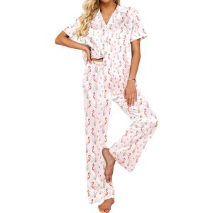 Ekouaer Silk Pajamas for Womens Set 2 Piece Satin Pjs Soft Button Down Sleepwear Wide Leg Long Pants with Pockets(White Famingo)