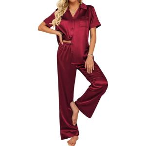 Ekouaer Silk Pajamas for Womens Set 2 Piece Satin Pjs Soft Button Down Sleepwear Wide Leg Long Pants with Pockets(Wine Red)