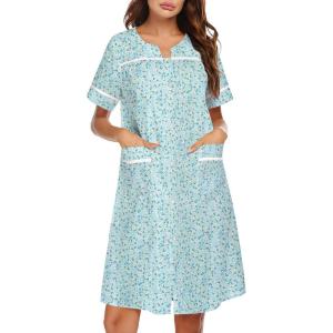 Ekouaer Sleepwear Womens Snap Front Nightgown Housecoat Cotton Duster Short Sleeve House Dress(Green Floral)
