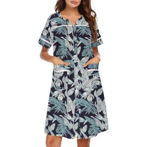 Ekouaer Sleepwear Womens Snap Front Nightgown Housecoat Cotton Duster Short Sleeve House Dress(Green Leaf)
