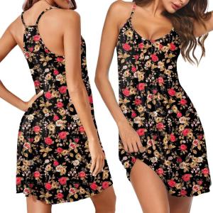 Ekouaer Women Nightgowns Sleeveless Sleepwear Spaghetti Strap Racerback Pajama Dress Nightshirt S-XXL(Black Red Floral)