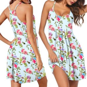 Ekouaer Women Nightgowns Sleeveless Sleepwear Spaghetti Strap Racerback Pajama Dress Nightshirt S-XXL(Green Pink Floral)