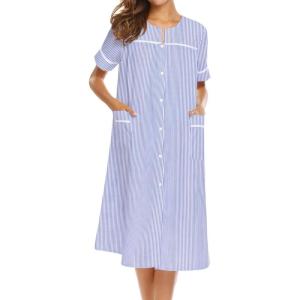 Ekouaer Women’s Button Housecoats Embroidered Stripe Duster Robe, Blue,XL