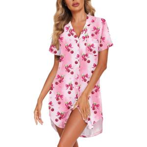 Ekouaer Womens Cotton Nightgowns Button Down Sleep Shirts Soft Night Shirts Night Dress(Cherry)