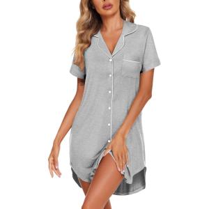 Ekouaer Womens Cotton Nightgowns Button Down Sleep Shirts Soft Night Shirts Night Dress(Light Grey)