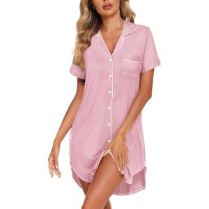 Ekouaer Womens Cotton Nightgowns Button Down Sleep Shirts Soft Night Shirts Night Dress(Light Pink)