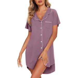 Ekouaer Womens Cotton Nightgowns Button Down Sleep Shirts Soft Night Shirts Night Dress(Purple)