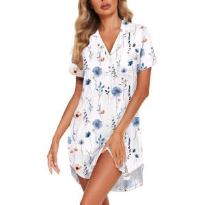 Ekouaer Womens Cotton Nightgowns Button Down Sleep Shirts Soft Night Shirts Night Dress(White Blue Floral)