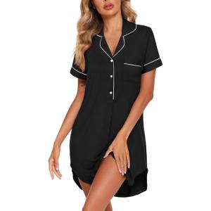 Ekouaer Women’s Nightgown Button Down Nightshirt V Neck Sleepshirt Short Sleeve Sleepwear Soft Pajama Dress(Black)