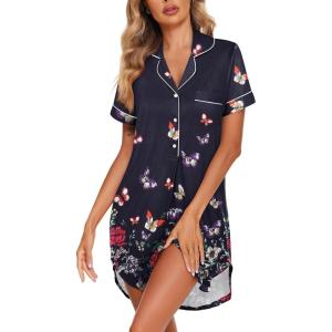 Ekouaer Women’s Nightgown Button Down Nightshirt V Neck Sleepshirt Short Sleeve Sleepwear Soft Pajama Dress(Black Butterfly)