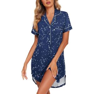Ekouaer Women’s Nightgown Button Down Nightshirt V Neck Sleepshirt Short Sleeve Sleepwear Soft Pajama Dress(Black Starry Sky)