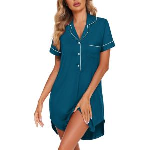 Ekouaer Women’s Nightgown Button Down Nightshirt V Neck Sleepshirt Short Sleeve Sleepwear Soft Pajama Dress(Blue Green)