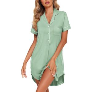 Ekouaer Women’s Nightgown Button Down Nightshirt V Neck Sleepshirt Short Sleeve Sleepwear Soft Pajama Dress(Light Green)