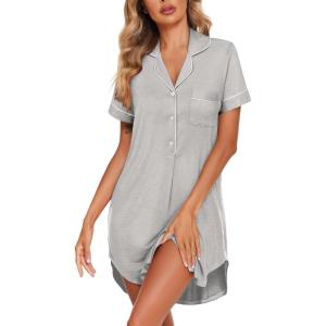 Ekouaer Women’s Nightgown Button Down Nightshirt V Neck Sleepshirt Short Sleeve Sleepwear Soft Pajama Dress(Light Grey)