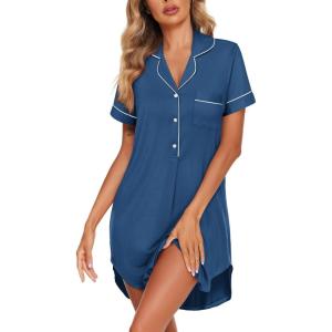 Ekouaer Women’s Nightgown Button Down Nightshirt V Neck Sleepshirt Short Sleeve Sleepwear Soft Pajama Dress(Navy)